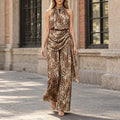 Leopard Print Two Piece Set for Women Halter Neck Sleeveless Keyhole Front Top Wide Leg Pants Draped Waist for Casual Daily