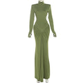 Sexy Backless Long Dress For Women Turtleneck Evening Party Ruched Dress Elegant Solid Long Sleeve Streetwear Maxi Dress
