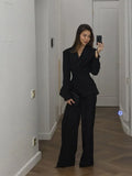 Women Solid Lapel Neck Top Pant Suit Set Elegant Full Sleeve Single Breasted Slim Coat Leg Loose Pants Suit Lady New Chic Sets