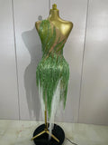 Sexy Green One Shoulder See-Through Sparkly Rhinestones Tassel Dress Women Latin Dance Outfits Bar Nightclub Party Stage Costume