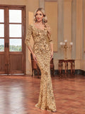 Luxury Evening Dress Women Half Sleeve Mermaid Formal Sequin Prom Maxi Dress Elegant Wedding Party Cocktail Graduation Gown