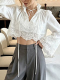 Elegant Lace Women Shirts Stand Collar Long Sleeve Lace Up Minimalist Loose Shirt for Daily Casual Wear Fashion New