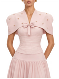Chic Pink 3 Piece Set for Women Beaded Bow Cape Sleeve Strapless Corset Top High Waist Pleated Floor Length Skirt for Party