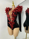 Women Sexy Sparkly Crystals 3D Sequined Stars Velvet Long Sleeve Bodysuit Nightclub Performance Dance Costume Singer Stage Wear