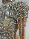 Sparkle Rhinestones Long Sleeve Gloves Stretch Bodysuits 2025 Women Evening Luxury Birthday Party Sexy Nightclub Stage Costumes