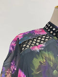 Elegant Floral Printing Long Dressess For Women Stand Collar Lantern High Waist Spliceed Rivet Hollow Out Dress Female New