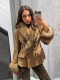 Retro Suede Faux Fox Fur Collar Blazer Coat Long Sleeve Double Breasted Fluffy Furs Cuff Women Fashion Jacket 2026 Chic Outfits