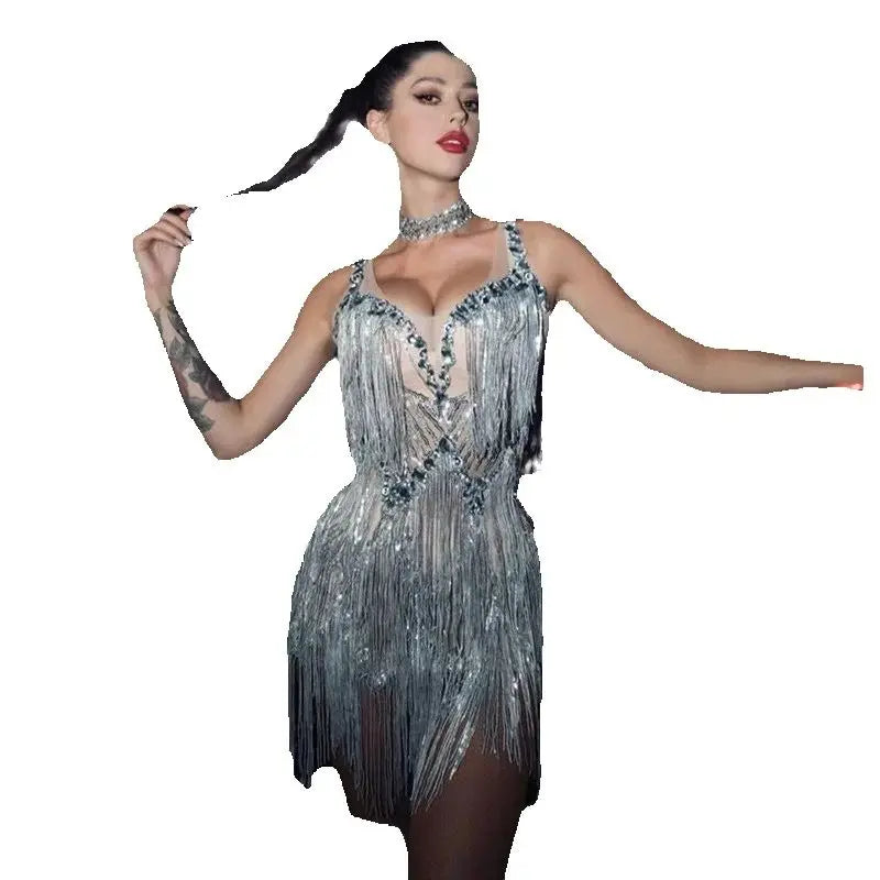 High-end Fashion, Glam Sticky Diamond Tube Top, Rhinestone Chain, Waist Skirt Set, Bar Nightclub Dress Body Transparente Flecos