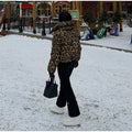 Fashion Leopard Print Ski Suit Women Stand Collar Hooded Zipper Coat Chic Slim Pants 2026 Winter Warm Casual Sport Windproof Set