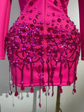 Sparkly Crystal Chains Pearls Long Sleeve Mini Dress 2025 Women Birthday Evening Party Nightclub Outfit Singer Wedding Costume