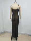 Sexy Maxi Dress Black Women's Diamond See Spaghetti strap Mesh Through Bodycon Long Dress Nightclub Party Evening Gowns