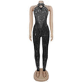 Shiny Luxury Diamonds Sleeveless Bodycon Long Jumpsuits Women Sheer Mesh Sexy Festival Party Evening Wedding Overalls