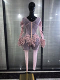 Women Sparkly Diamond Embroidery Long Sleeves Mesh Stretch Jumpsuit Evening Birthday Party Bar Nightclub Sexy Stage Show Wear
