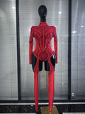 Red Black Women Long Sleeve Sexy Mesh See Through Sparkly Crystal Bodycon Jumpsuit Celebrate Nightclub Bar Dance Stage Wear