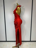 Women Sexy Backless Red Ruffled Flower Maxi Long Bodycon Bandage Dress Celebrity Elegant Evening Party Nightclub Birthday Dress