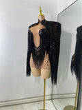 Sexy Mesh See Through Rhinestones Two Pieces Dress Coat Sets Women Sparkly Tassels Performance Singer Dancer Stage Costume
