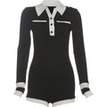 Contrast Patchwork Playsuits Women Ribbed Button Polo-Neck Full Sleeve Skinny Stretch Wrap Hip Street Fashion Rompers