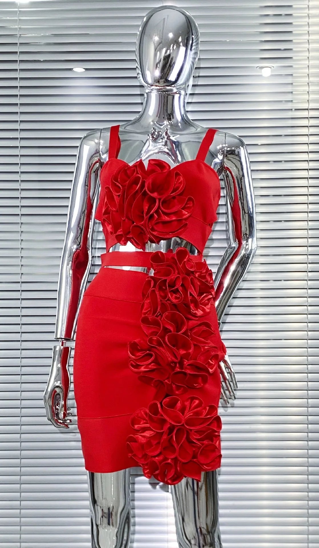 Summer 3D Bud Glam Hollow Red Suspender Dress Fashion Hot Party Performance Evening Gown Show Costumes Abito Da Cerimonia Donna