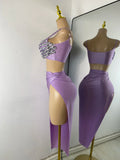 Sparkly Rhinestone Diamonds High Split Two Pieces Women Sexy Outfit Night Club Skirt Suits Dancer Singer Performance Costume