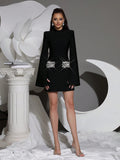 Black Women's Diamond Cloak Sleeve Design Bandage Mini Dress Long Sleeve Elegant Fashion Birthday Party Wedding Guest