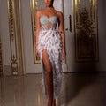 Women's Luxury Feather Rhinestone Beaded Glam Sheer High Slit Tube Top Dress Fashion Hot Birthday Party Banquet Performance Gown