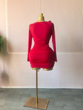 Women Long Sleeve Floral Applique Skew Collar Stacked Ruched Bodycon Midi Dress Vacation Holiday Party Birthday Dresses