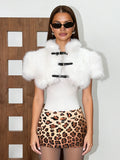 Furs Belt Buckle Crop Coat Women Valentine's Day Short Sleeve Sexy Hottie Midnight Birthday Party Banquet Shawl Tops