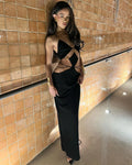 Red Black Color Women Sleeveless Sexy Strap V-Neck Keyholes Bodycon Long Bandage Dress Fashion Celebrate Nightclub Party Dress
