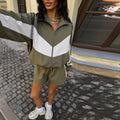 Color Block Zip Up Two Piece Set Women Long Sleeve Stand Collar Cropped Jacket High Waist Shorts 2026 Spring Summer Casual Suit