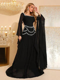 Beaded Spliced Folds Temperament Dresses For Women Square Collar Extra-Long Sleeves Patchwork Dress Female Clothing