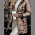 Women Hooded Quilted Mid-Length Puffer Coat Zipper Shiny Surface Warm Cotton Padded Jacket 2026 Fashion Casual Winter Outerwear
