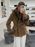Retro Suede Faux Fox Fur Collar Blazer Coat Long Sleeve Double Breasted Fluffy Furs Cuff Women Fashion Jacket 2026 Chic Outfits