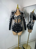 Sparkly Sequined Mirrors Technological High Street Short Summer Three Pieces Dress Sexy Stage Women Outfit Singer Show Wear
