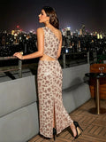Sexy One Shoulder Champagne Sequin Evening Dress Women Waist Hollow Out Party Maxi Dress Party Long Prom Dress