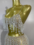 Luxury Diamond Beading Mesh Strap Top Skirt Two Pieces Set Women Evening Prom Birthday Celebrate Sexy Nightclub DJ Stage Costume