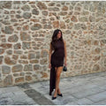 Irregular Brown Lace Uppleated Maxi Dresses Elegant Women's Full Sleeve Slim Fit Patchwork Robes 2025 New Evening Party Gowns