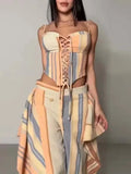 Sweet Summer Outdoor Travel Striped Corset Camisole Set for Women Thin Strap Lace Up Outfit for Seaside Vacation Casual Wear