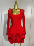 Sexy 3D Red Black Rose Flowers Mesh Long Sleeve Bandage Mini Dress Evening Prom Birthday Party Photo Shoot Cocktail Party Dress