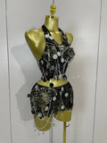 Sexy Evening Party Nightclub Performance Costume Women Birthday Mesh See-Through Pin Decoration Chain Short Dress Two-Piece Set