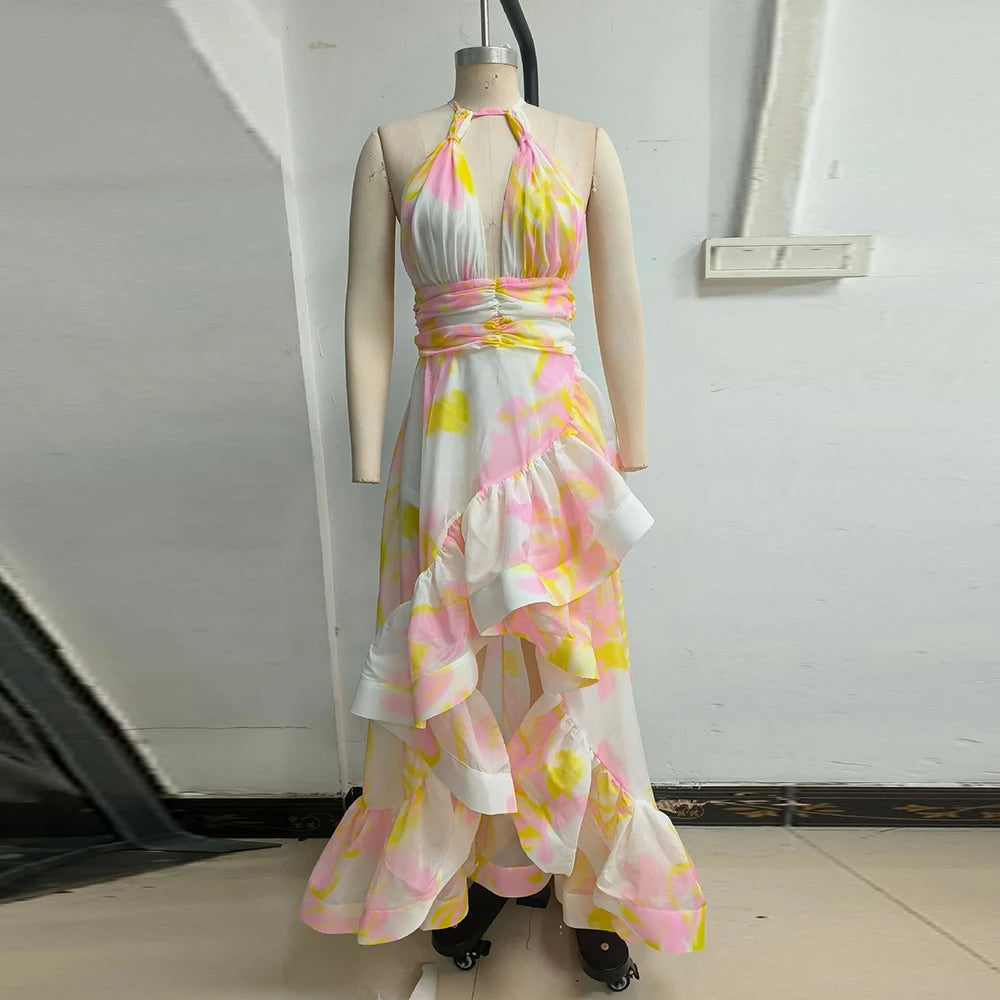 Halter Deep V Maxi Dress for Women Tie back Backless Asymmetrical Ruffle Floral Print Ruched Waist Split for Beach Vacation