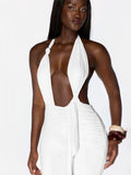 Knot Decoration Playsuit Women Halter Bandage Backless Tassel Folds Deep v-Neck Seeveless Elasticity Sexy Romper