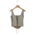 Hit Color Spliced Lace Up Slimming Vests for Women Square Neck Sleeveless Temperament Vest Female New