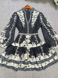 Vintage Indie Folk Style Print Dress for Women V Neck Three Quater Sleeves Patchwork Hollow Out Tiered Dresses Female New