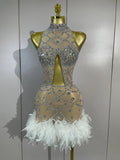 Luxury Nightclub Performance Dance Costume Nightclub Singer Stage Wear Women Sexy Shiny Crystal Feathers Hollow Out Mini Dress