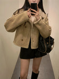 Retro Suede Coat Women's Hong Kong Style Double Breasted Suit Collar Winter New Arrival Chic Lightweight Luxury Coat