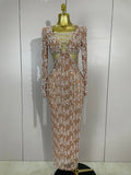 Luxury Sexy Pearl Beading Chain Long Sleeve Bodycon Long Dress Elegant Celebrity Evening Party Club High Quality Birthday Dress