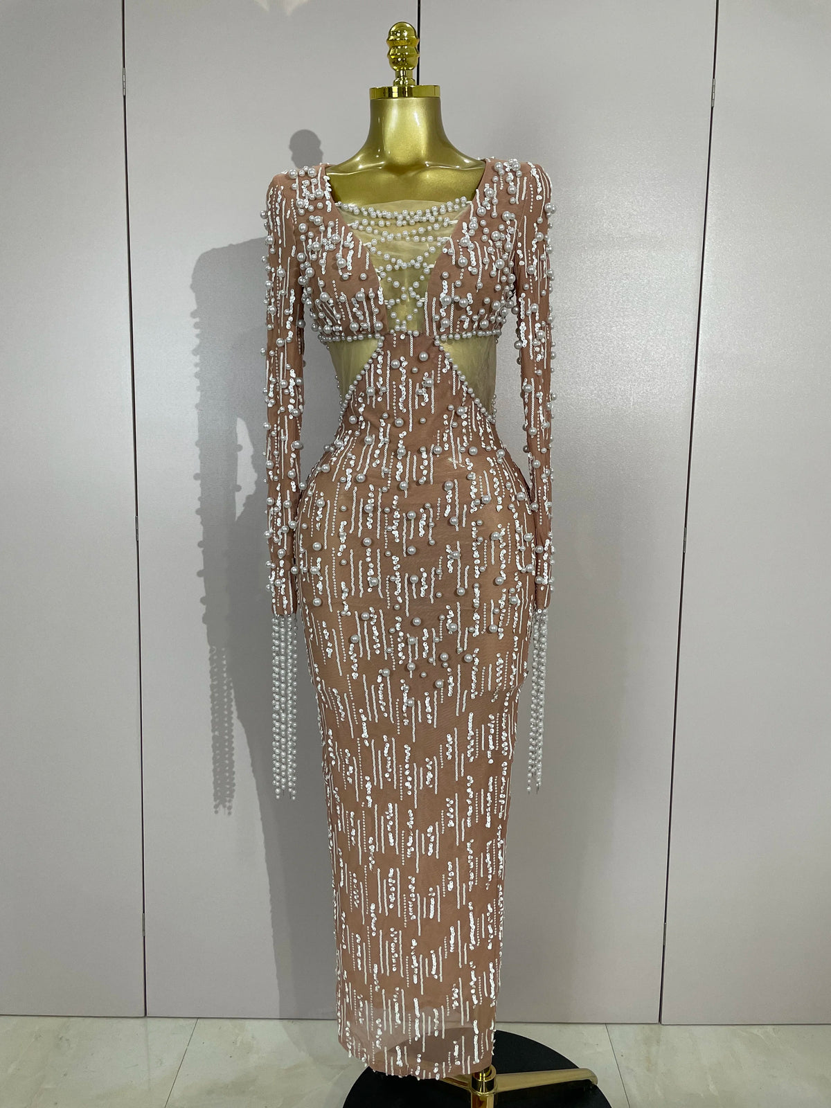 Luxury Sexy Pearl Beading Chain Long Sleeve Bodycon Long Dress Elegant Celebrity Evening Party Club High Quality Birthday Dress