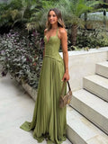 Elegant Women's Halter Long Dress Corset Maxi Pleated Dresses Summer Evening Party Bridesmaid Wedding Guest Gown