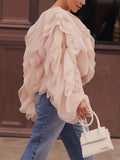 Solid Patchwork Folds Shirts For Women Round Neck Lantern Sleeve Spliced Lace Up Loose Pullover Blouse Female Style