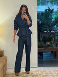 Women Dark Blue Denim Sets Vintage Lapel Belted Peplum Long Sleeve Cuff Top Wide Leg Pants Outfit 2026 Lady Autumn Chic Suits